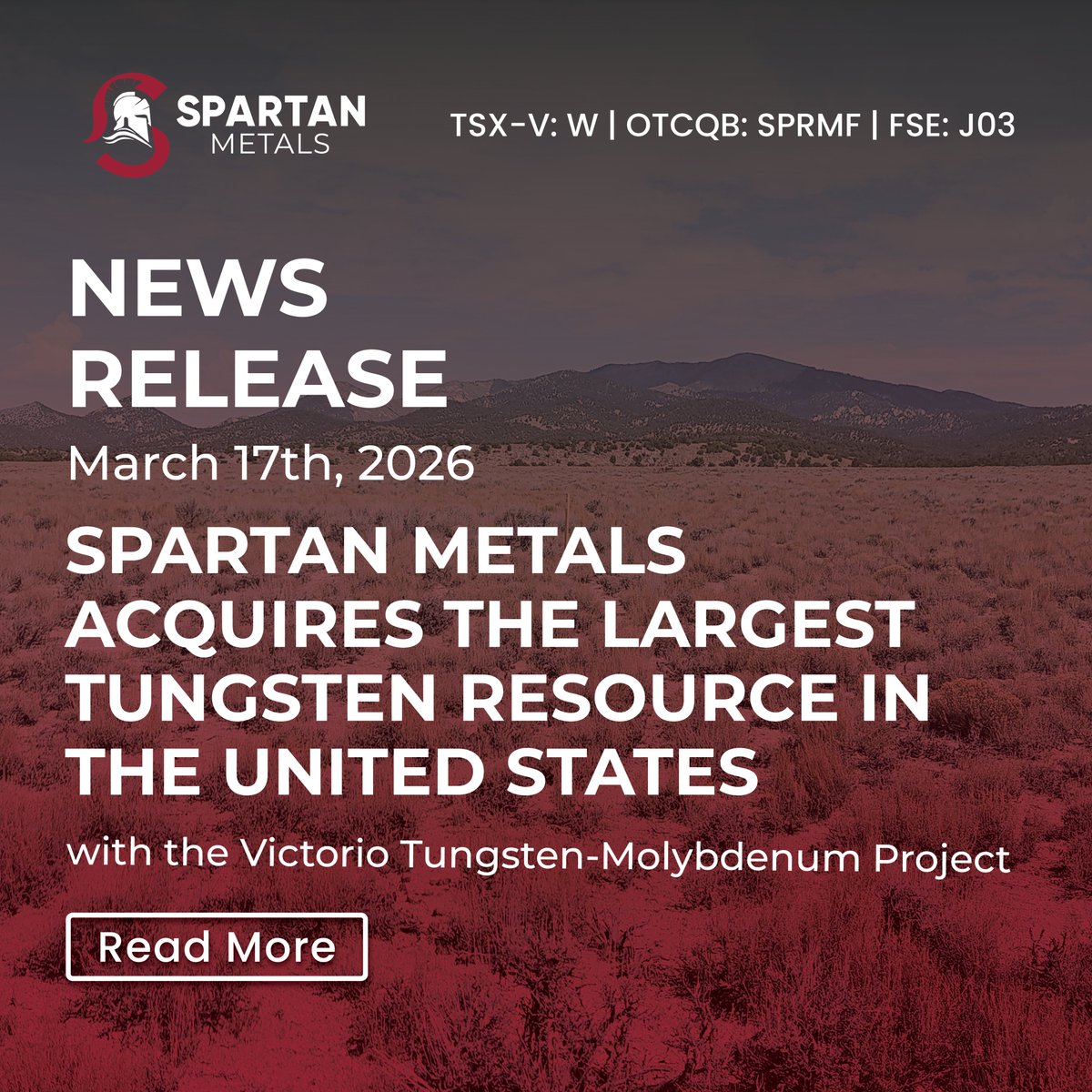 Spartan Metals Acquires the Largest Tungsten Resource* in the United States

Read the full NR: tinyurl.com/uhdcjj5x

#Tungsten #CriticalMinerals $W $W.v $SPRMF #J03

*United States Geological Survey – Tungsten Resources in the US (Ver. 2.0 August 2020) tinyurl.com/3t26kek2