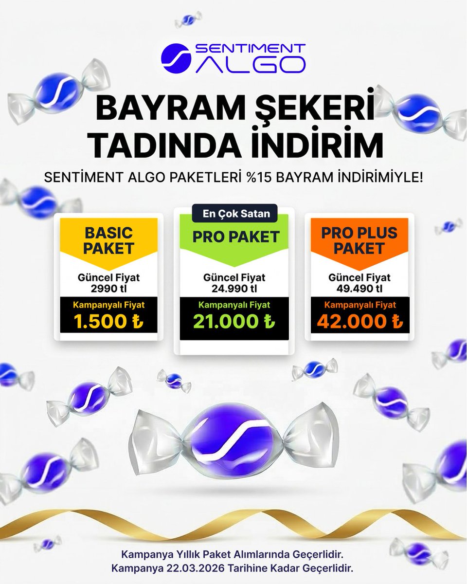 algo_sentiment's tweet photo. BAYRAM ŞEKERİ TADINDA KAMPANYA
2026 yılına avantajlı bir başlangıç yapmak isteyenler için tatlı bir sürpriz hazırladık. Sentiment Algo yıllık paketlerindeki özel indirimlerle yeni yıla güçlü bir giriş yapın.

Güncel Kampanyalı Fiyatlar
Yıllık Basic Paket: 2.990 TL yerine 1.500 TL

Yıllık Pro Paket: 24.990 TL yerine 21.000 TL

Yıllık Pro Plus Paket: 49.490 TL yerine 42.000 TL

Pro Plus Pakete Özel: AKILLI RENKLER GERİ GELDİ
Piyasa analizlerinde fark yaratan Akıllı Renkler, Pro Plus paket özelliğidir.

Taksit İmkanı: Pro ve Pro Plus paket alımlarında peşin fiyatına 3 taksit avantajı sunulmaktadır.

Geçerlilik Tarihi: Kampanya 22 Mart 2026 tarihine kadar devam edecektir.

Yeni yılda piyasa takibini profesyonel araçlarla sürdürmek için şimdi harekete geçebilirsiniz.

Satın Almak İçin: https://t.co/TqfNxCW5d9