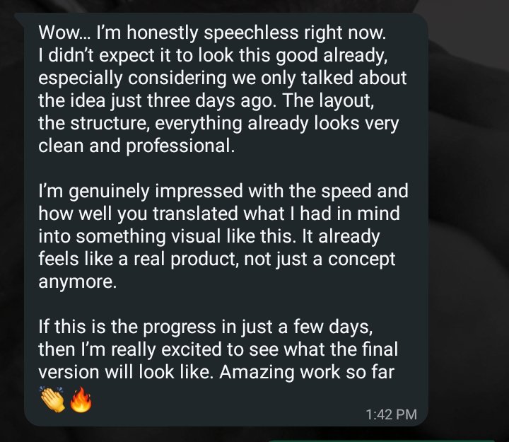 Reviews like this are what motivate us to always deliver in the best possible way. Client's satisfaction gives me joy ☺️.

Your go to solution builder. Click on the link and let's talk. 
wa.me/message/4ZCN42…. 

Let's bring your idea to life together.