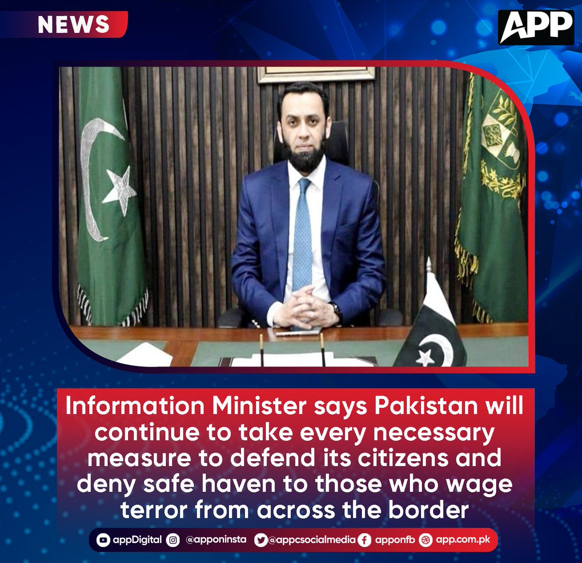 appcsocialmedia's tweet image. Information Minister says Pakistan will continue to take every necessary measure to defend its citizens and deny safe haven to those who wage terror from across the border

#AttaUllahTarar #PakistanSecurity #CounterTerrorism #CrossBorderTerror #ProtectCitizens #AntiTerrorMeasures