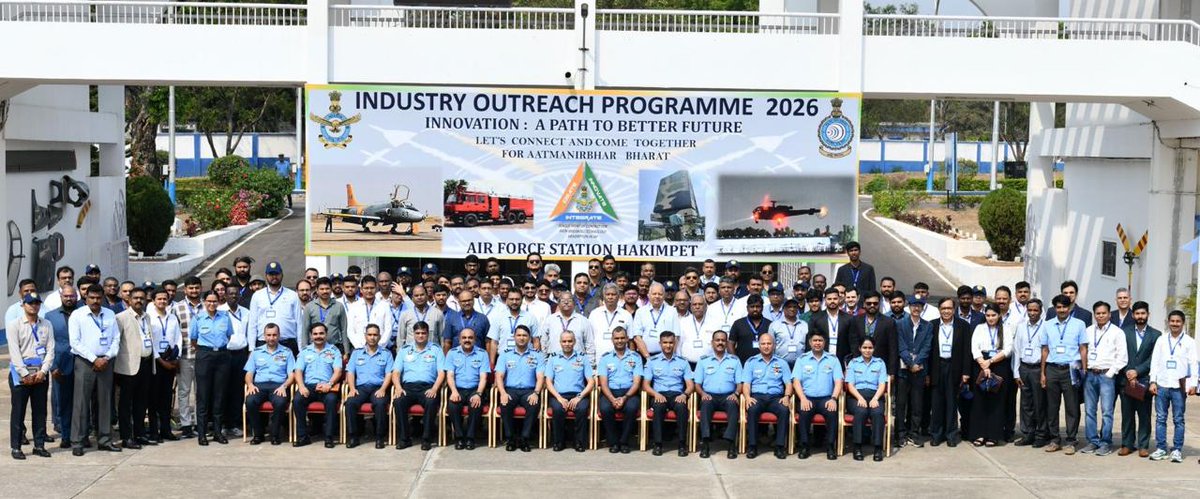 TheAirWarrior_'s tweet photo. 🇮🇳✈️ Big move for Atmanirbhar Bharat!
The Indian Air Force just hosted Industry Outreach Event–26 at Air Force Station Hakimpet, Secunderabad today! 🏆
🔹 110+ Startups, MSMEs &amp; Innovators

 #DefenceTech #IAFInnovation #CapabilityDevelopment #IndiaDefence2026 #DefenceNews https://t.co/ntIYwDd5dB