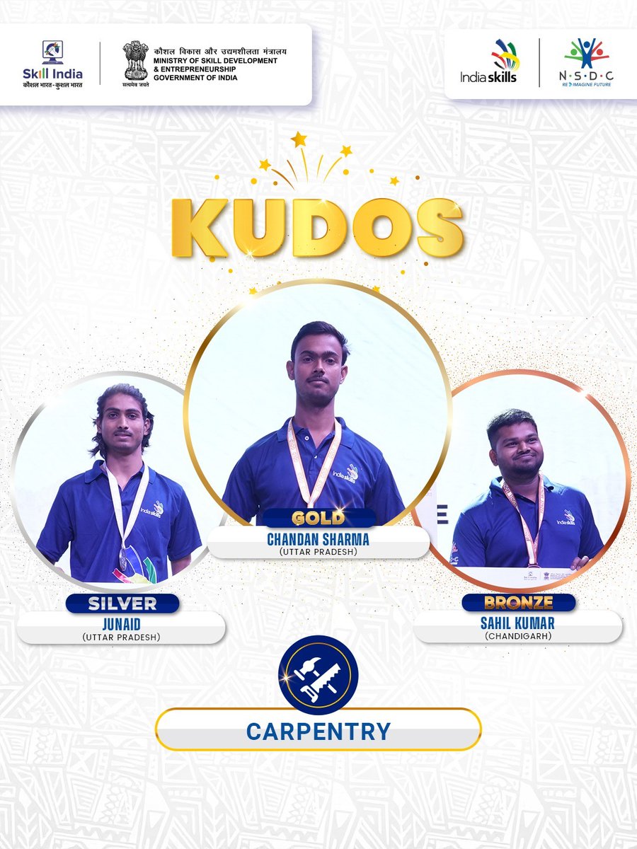 WorldSkillsInd's tweet image. Bringing pride to their regions!
Chandan Sharma (Gold), Junaid (Silver) from #UttarPradesh, and Sahil Kumar from #Chandigarh (Bronze), shine in #Carpentry at the Indiaskills 2025–26 Regional Competition (North).

@PMOIndia @narendramodi @CMOfficeUP @myogioffice @myogiadityanath