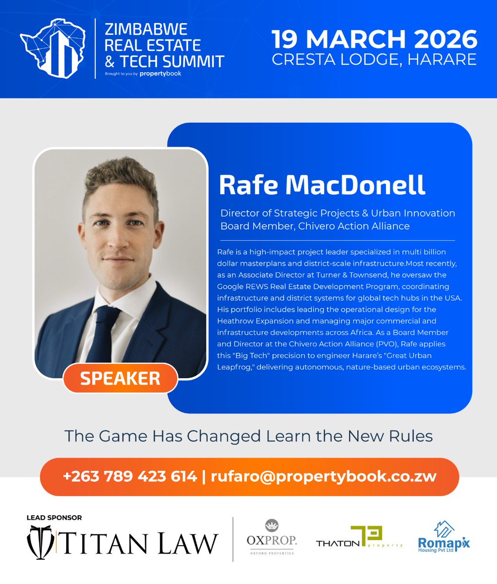 We’re continuing to spotlight the speakers at #RETS2026.

Today’s featured speaker is Rafe MacDonell, Director of Strategic Projects &amp; Urban Innovation Board Member at Chivero Action Alliance

At RETS, Rafe will be speaking on: The Future of Zimbabwe's Cities

To learn more about