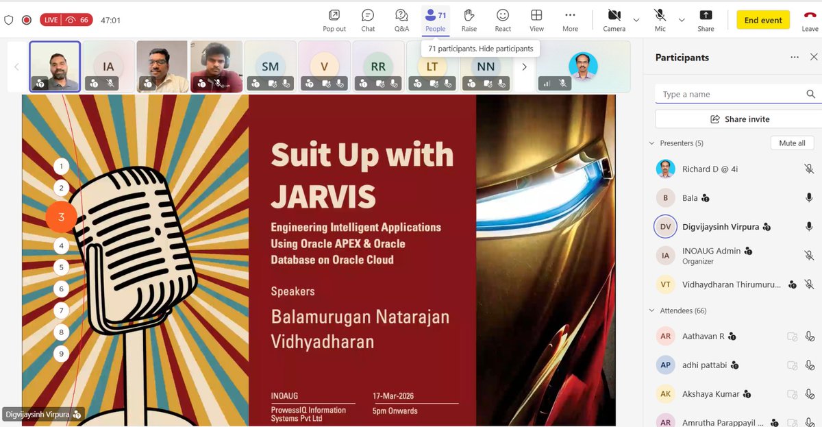 inoaug's tweet photo. 🚀 That’s a wrap on Suit Up with JARVIS!

Loved the deep dive into building intelligent apps with Oracle APEX &amp; Oracle Cloud ☁️

Big thanks to our speakers &amp; community for the energy and insights! 🔥

#Oracle #OracleAPEX #OracleCloud #LowCode #DeveloperCommunity #BuildWithAPEX https://t.co/UTNMV0Rbu1