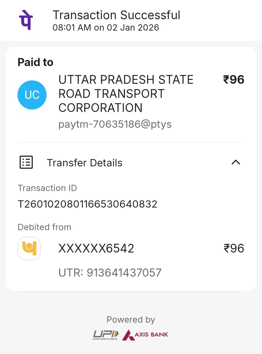 Mohit720594's tweet photo. @UPSRTC @UPSRTCHQ

दिनांक 02-01-2026 को सुबह 08:01 बजे परीचौक से जट्टारी यात्रा के दौरान ₹96 का UPI भुगतान किया था, लेकिन कंडक्टर की मशीन में पेमेंट फेल दिखाया गया। इसके कारण मुझे ₹96 नकद देकर ऑफलाइन टिकट लेना पड़ा। https://t.co/M3s3VBz8QN