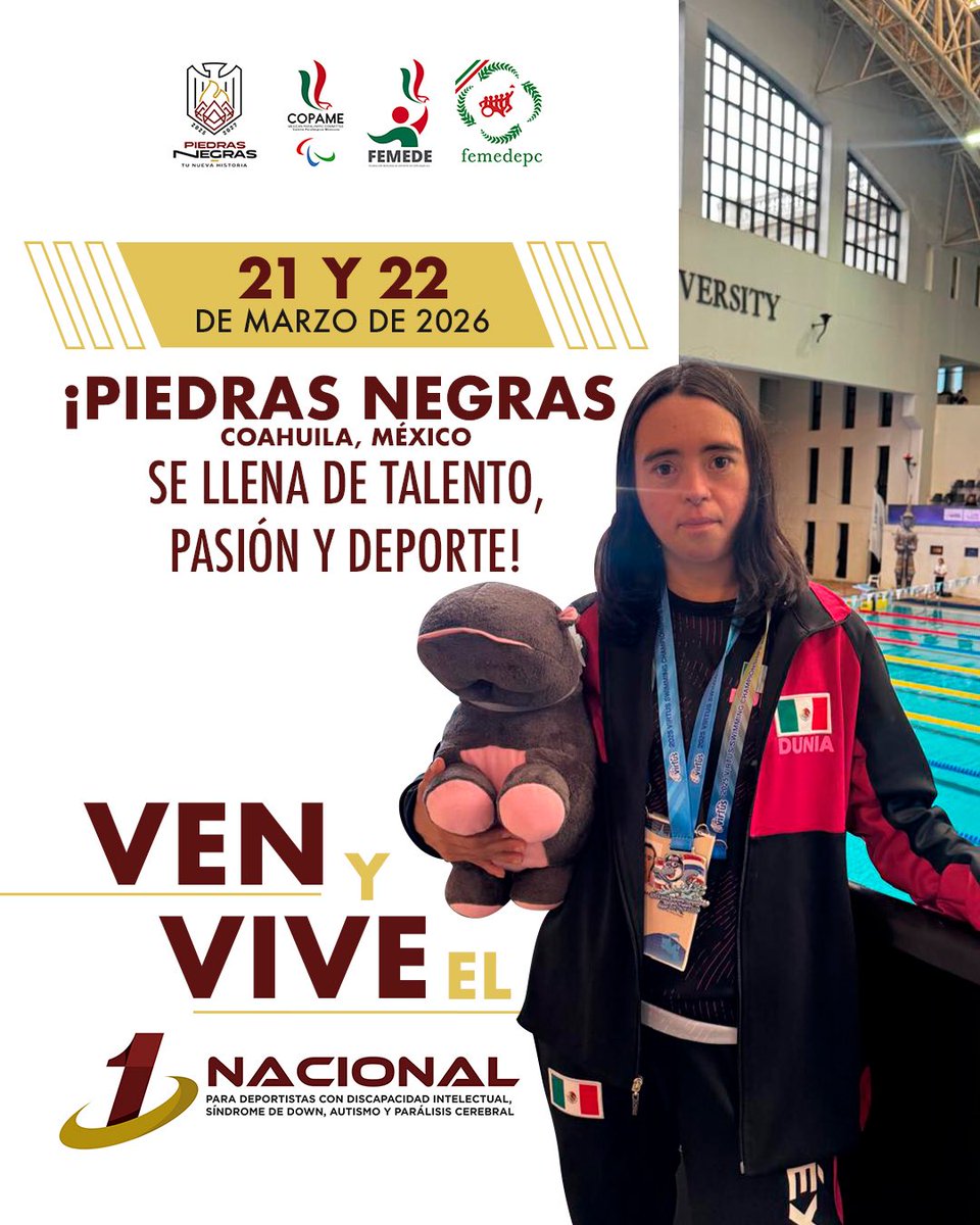 COPAME's tweet photo. Piedras Negras, Coahuila🇲🇽 está listo para recibir el primer Nacional para Deportistas con Discapacidad Intelectual, Síndrome de Down, Autismo y Parálisis Cerebral.

¡No te pierdas de este evento!

🗓 21 y 22 de marzo
📍Piedras Negras, Coahuila
🎟 Entrada gratuita
#COPAME https://t.co/lkMojRc8UM