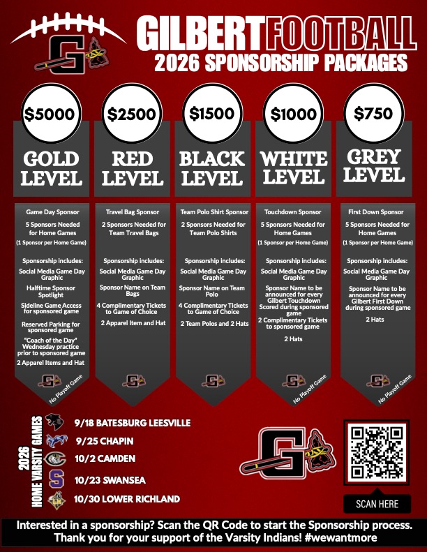 gilberthsfb's tweet photo. Gilbert High School Football has Sponsorship opportunities for the 2026 Football season. They are different levels to choose from! Use the QR code in the picture below to put in for your opportunity to support Gilbert High School Football! https://t.co/h0P5pARiA3