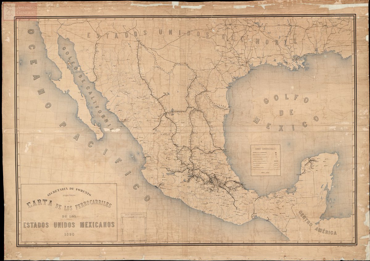 En 1890, la red ferroviaria mexicana ya conectaba a la Ciudad de México con Pachuca, Cuernavaca, Oaxaca y Toluca, además de enlazar el norte del país con Estados Unidos.
EN EL AGN #ELQUEBUSCAENCUENTRA
AGN, Mapas, Planos e Ilustraciones, MAPILU/5204.