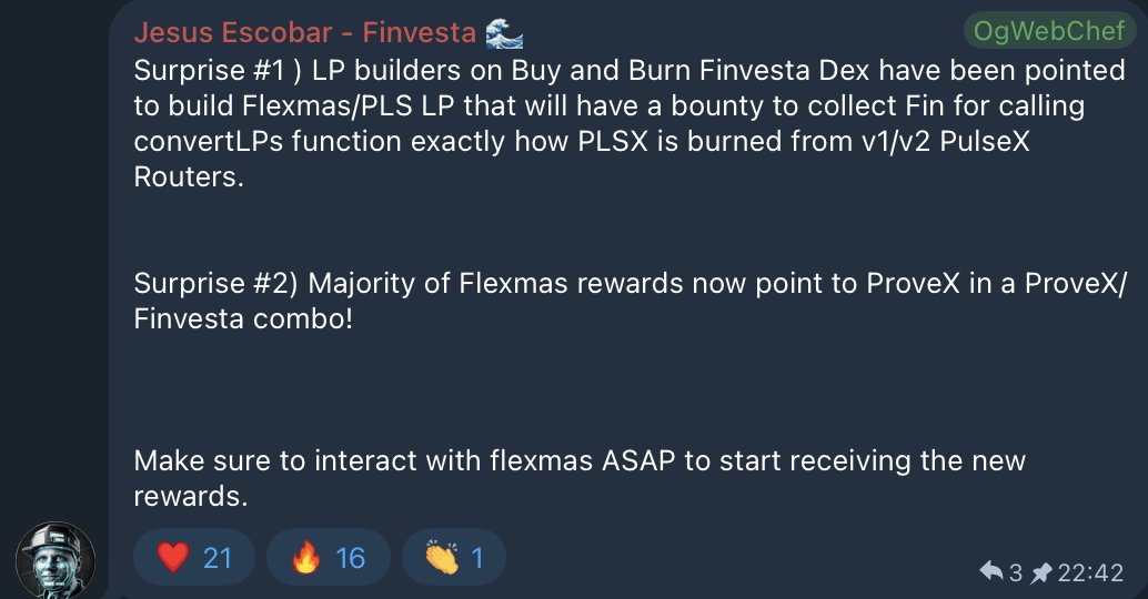 Flexmas now rewards $Provex! 

Make sure to interact with Flexmas (buy, sell or send a bit to yourself) to start receiving the new rewards. 

Flexmas ca:
0x5ED5882164277cec6D5Ae6f420721b199C0e5693

Currently printing:
🐟 Finvesta
0x1C81b4358246d3088Ab4361aB755F3D8D4dd62d2