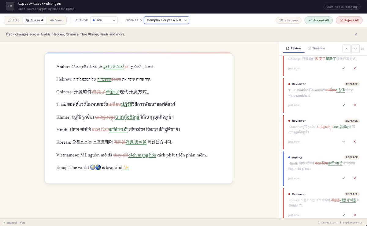 wellsnathan's tweet photo. Working on a new AI translation platform and couldn't find a suggested changes integration that was opensource and multilingual, so I used #claudecode to research what was out there and build one. So far, I'm impressed. https://t.co/O8tvw7PIn7 @claudeai #opensource #translation https://t.co/DpGigyGVdj