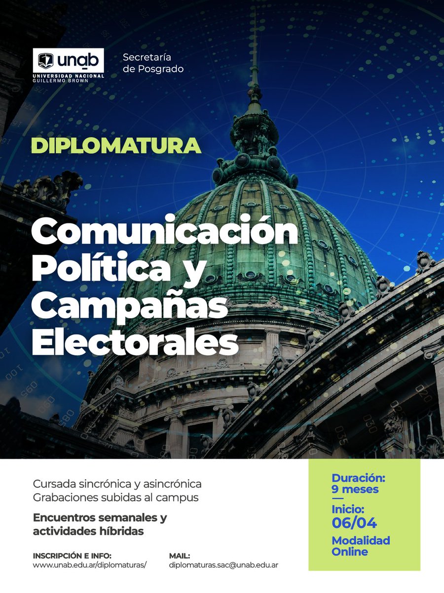 PosgradosUNaB's tweet photo. En un contexto político desafiante, atravesado por la polarización, la desinformación y los cambios tecnológicos, es fundamental una formación integral para el diseño de campañas efectivas y ganadoras

💰Aranceles accesibles
🔗 Inscribite: 11 2623-5417 https://t.co/JVnpxREfHB
