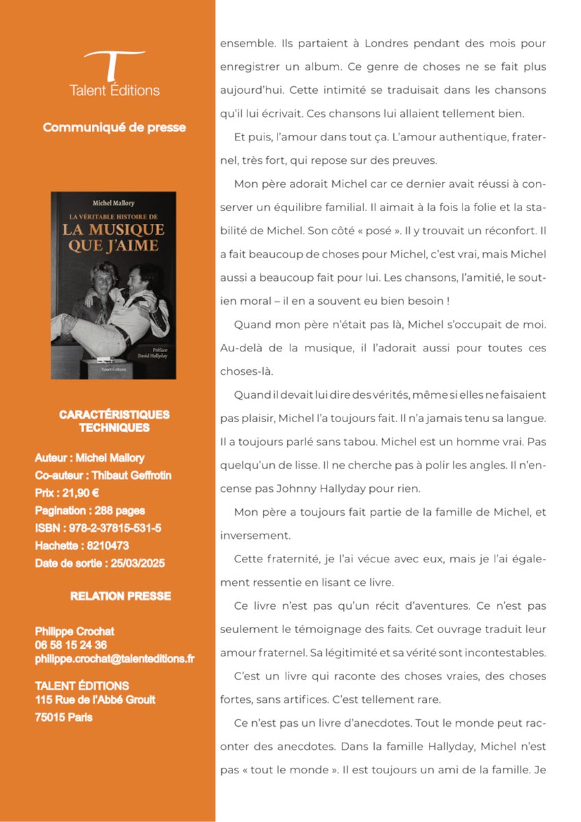 johnnymusic1960's tweet photo. Voici le communiqué de presse du livre de Michel Mallory  " La véritable histoire de La musique que j'aime "
-  Préface de David Hallyday
Sortie le 18/03/2026
#johnnyhallyday
#talenteditions
#michelmallory
#davidhallyday
#thibautgeffrotin
#jeanfrancoischenut https://t.co/FmDBquHP7u