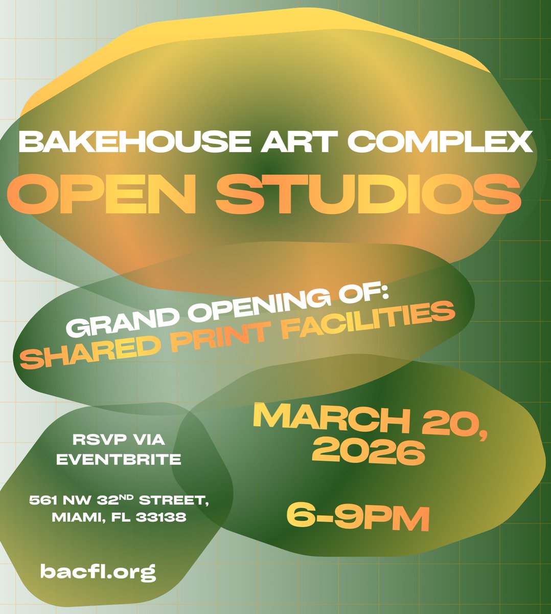Miami_Art_Scene's tweet photo. #OpenStudios --> Enjoy Bakehouse Open Studios x SPF Grand Opening on Friday, March 20th from 6 – 9pm. Visit @BakehouseArt Complex (BAC) artists in their studios, experience BAC’s current exhibitions, and celebrate the grand opening of SPF Print Studios!
https://t.co/upqB0YaJsl https://t.co/0QxfDRT3HU