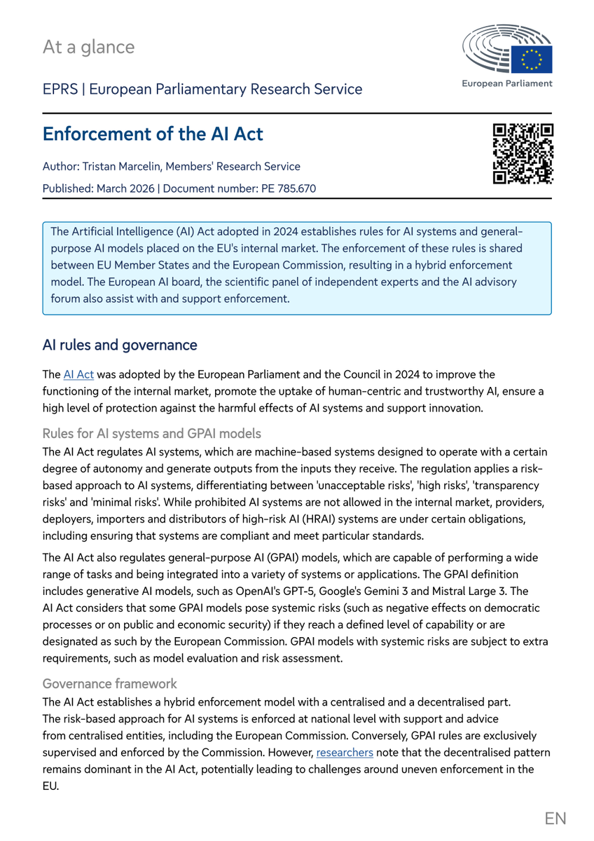 EP_EPRS's tweet photo. The #AIAct sets rules for AI systems and #GPAI models placed on the EU's internal market. Enforcement is shared between EU countries &amp; Commission. How does it work?

👉 https://t.co/sg4K9eP5iF

@EP_Justice @EP_SingleMarket @ArbaKokalari @McNamaraMEP @AxelVossMdEP @brandobenifei https://t.co/GT23CuW2Rq