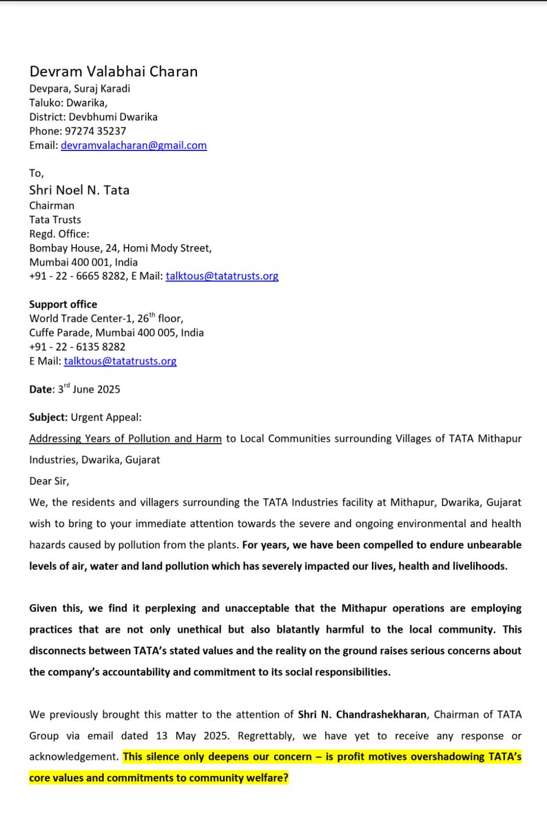 DevramVala61549's tweet photo. For 14 years we have suffered pollution from Tata Chemicals, Mithapur. We wrote to @NoelNTata, @ChandraTata, @TataCompanies, @TataTrusts, @tatachemicals on June 3. No reply despite repeated reminders.
Today is my 9th day of fast without food or water. Villages still suffer. https://t.co/ejZx07pPEe