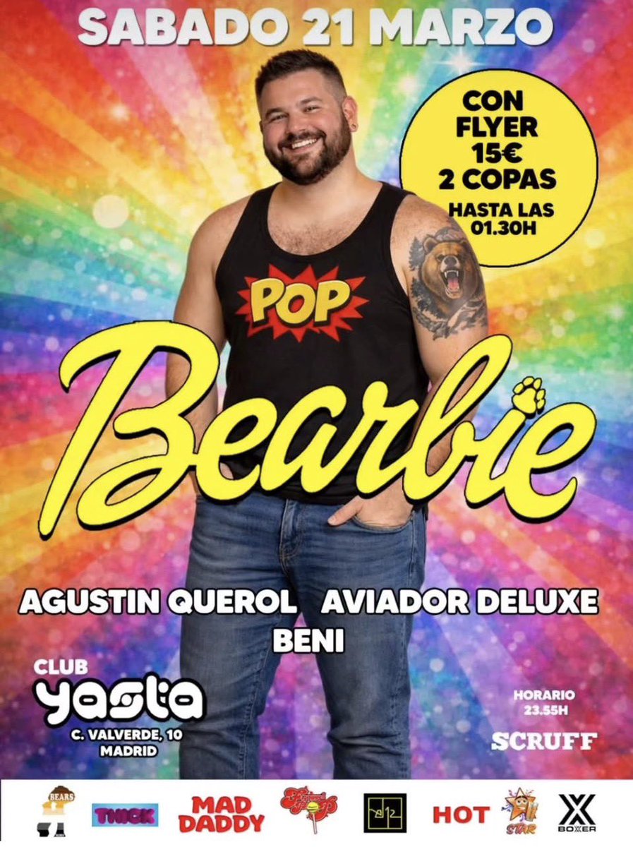 bearbiepop's tweet photo. 🌈🐻 ¡Vuelve #BearbiePOP!
Sábado 21 de marzo en Ya’sta 🔥
Con Agustín Querol, Aviador Deluxe y Beni 🎧

💥 15€ con flyer = 2 copas hasta 01:30h
🕛 Desde 23:55h
📍 C/ Valverde 10, Madrid

Osos, pop y mucho flow 💖
#Chueca #Madrid #BearCommunity #FiestaBear https://t.co/cLA1mBJ1if