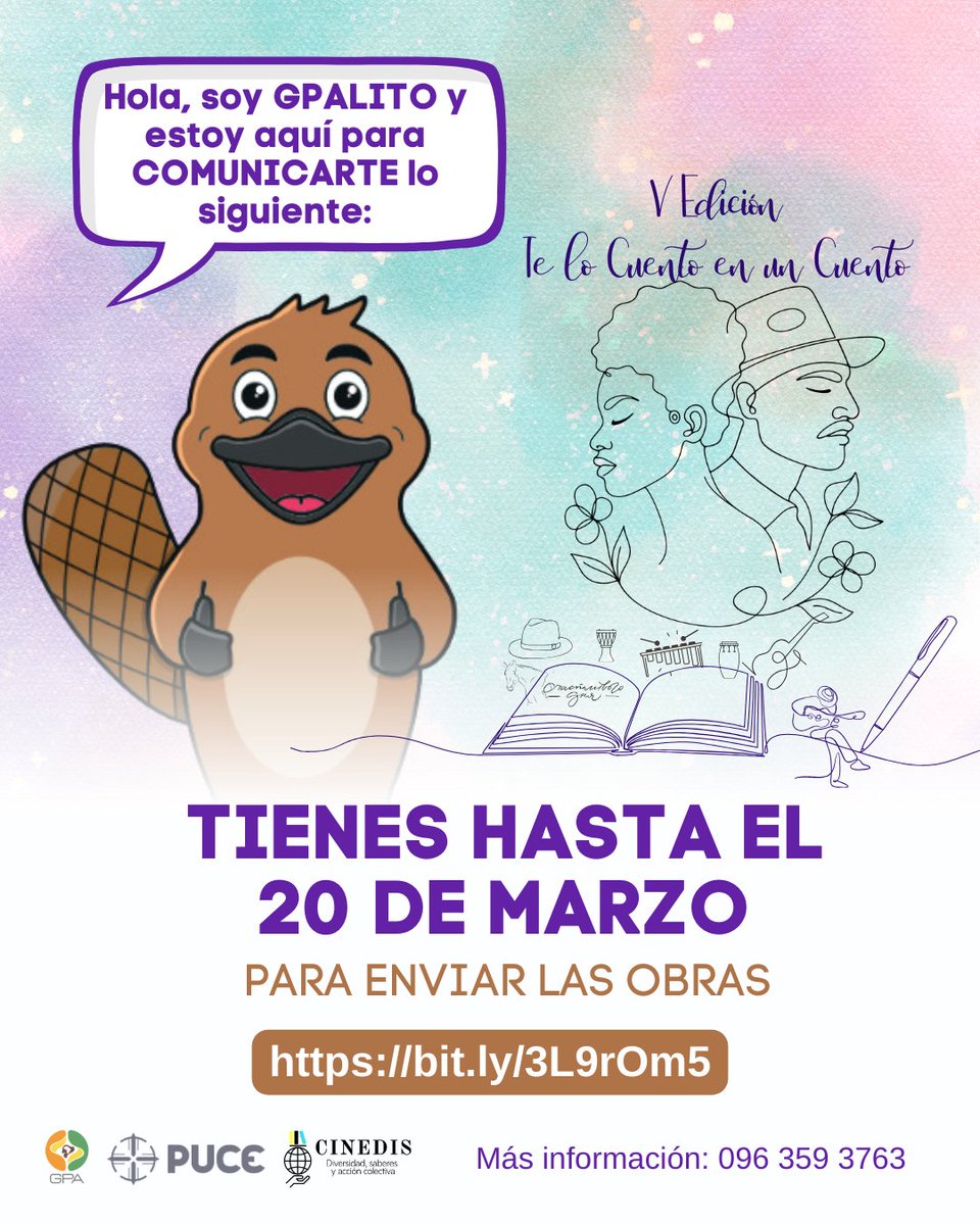 ⏰📚 ¡Atención! Últimos días para participar

Te recordamos que tienes plazo hasta el 20 de marzo para enviar tu obra a la V Edición “Te lo Cuento en un Cuento”. 
📌 Envía tu obra aquí:
🔗 bit.ly/45iUj7F

¡Aún estás a tiempo de ser parte! 💜

#TeLoCuentoEnUnCuento