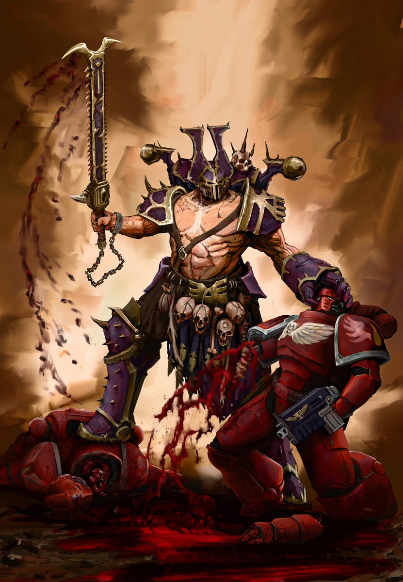 A couple of fan illustrations of Chaos Space Marines by George Vincent.

Thousand Sons Sorcerer.

And World Eaters Champion Dreghkar, The Slaughter-Host.