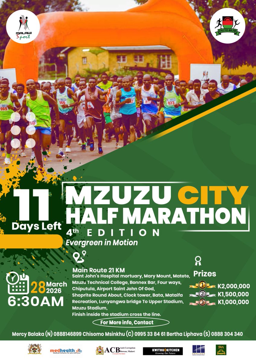 mzuzucity's tweet photo. 11 Days to go before the 2026 Mzuzu City Half Marathon Edition. https://t.co/amq15nRZcQ