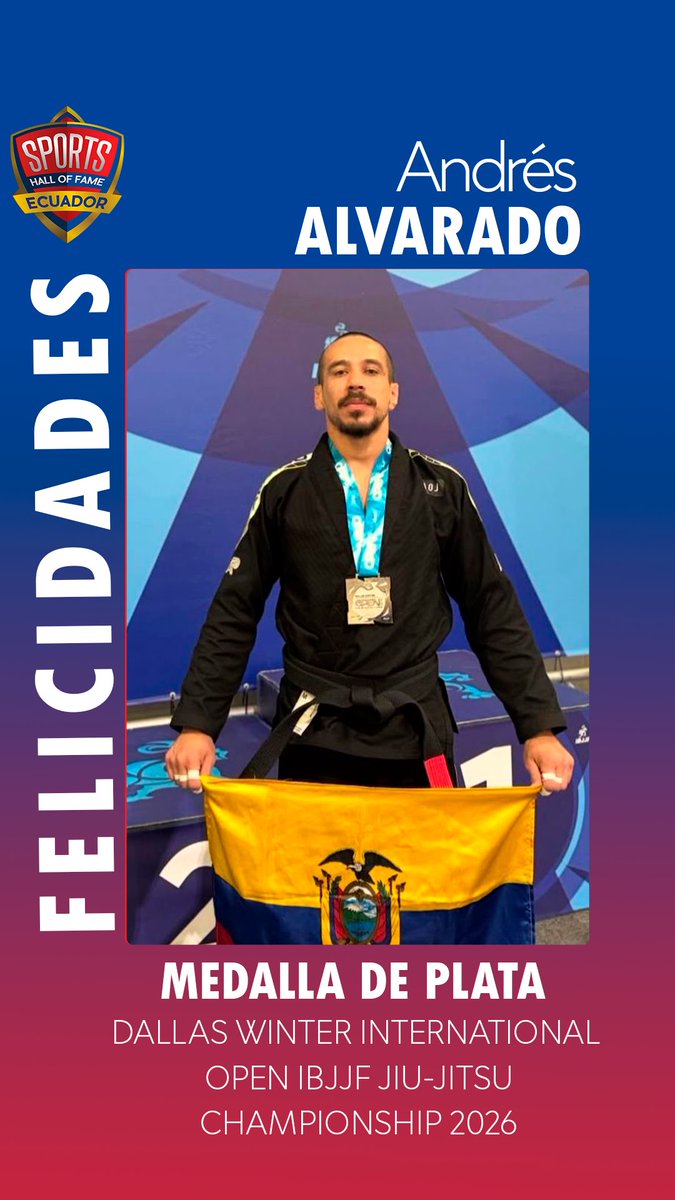 shfecuador's tweet image. La bandera de Ecuador brilló en Dallas. 🇪🇨🥈

Felicitaciones al atleta Andrés Alvarado por llevarse la medalla de plata en el Dallas Winter International Open IBJJF 2026 de Jiu Jitsu. ¡Un verdadero ejemplo de garra y disciplina ecuatoriana! 🥋

#bjj #IBJJF #JiuJitsuEcuador