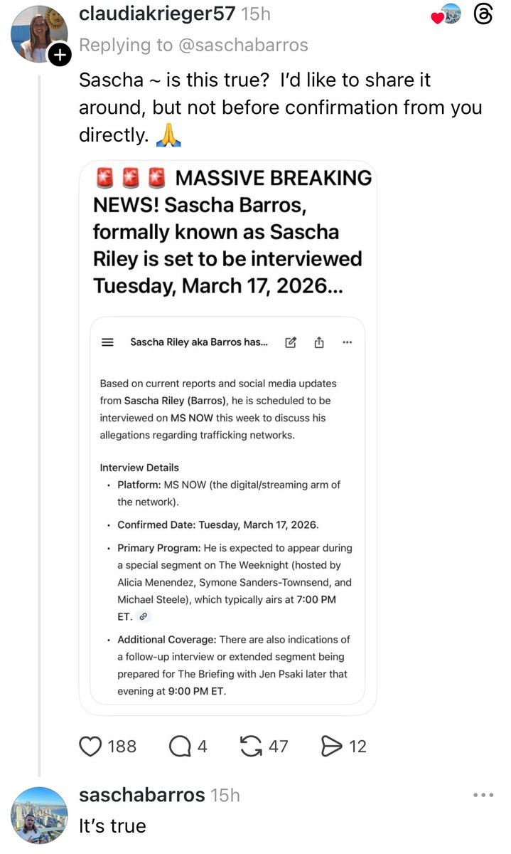 HAPPY SASCHA RILEY DAY EVERYBODY!

Read through this. He will be on MS NOW tonight at 7 PM and 9 PM Eastern on two different programs.