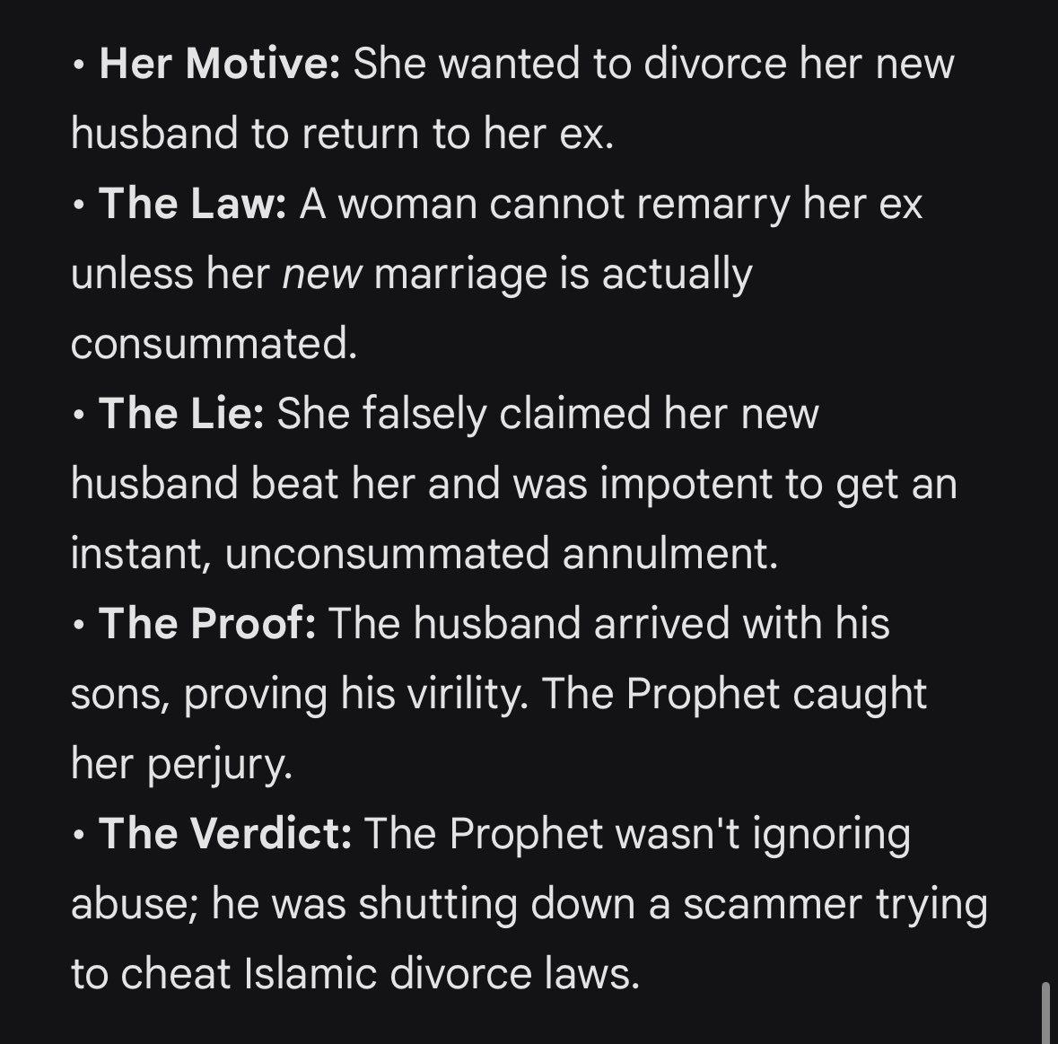 omaralhamrawy's tweet photo. @VMM_252 @sammieking77 @chixxsays Classic half argument.
Did you even read it fully..

You cropped the context. She lied about abuse and impotence to fake an annulment and return to her ex. The Prophet caught her fraud when the husband proved his virility. He was shutting down a legal scam, not endorsing abuse. https://t.co/sdZtMttdiS