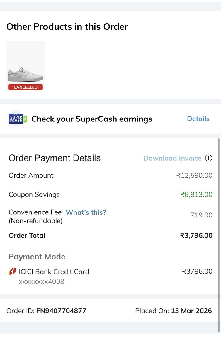 Vamshit5l1's tweet image. Really disappointed with AJIO.  
Placed an order on 13th March with full payment using a coupon. On the day of delivery, AJIO cancelled it without any valid reason. Now the same product costs double!  
Why offer deals if you can't honor them? @AJIOLife #AjioFail #CustomerRights