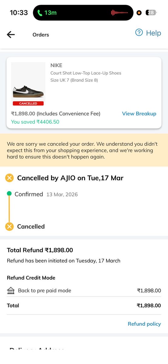 Vamshit5l1's tweet image. Really disappointed with AJIO.  
Placed an order on 13th March with full payment using a coupon. On the day of delivery, AJIO cancelled it without any valid reason. Now the same product costs double!  
Why offer deals if you can't honor them? @AJIOLife #AjioFail #CustomerRights