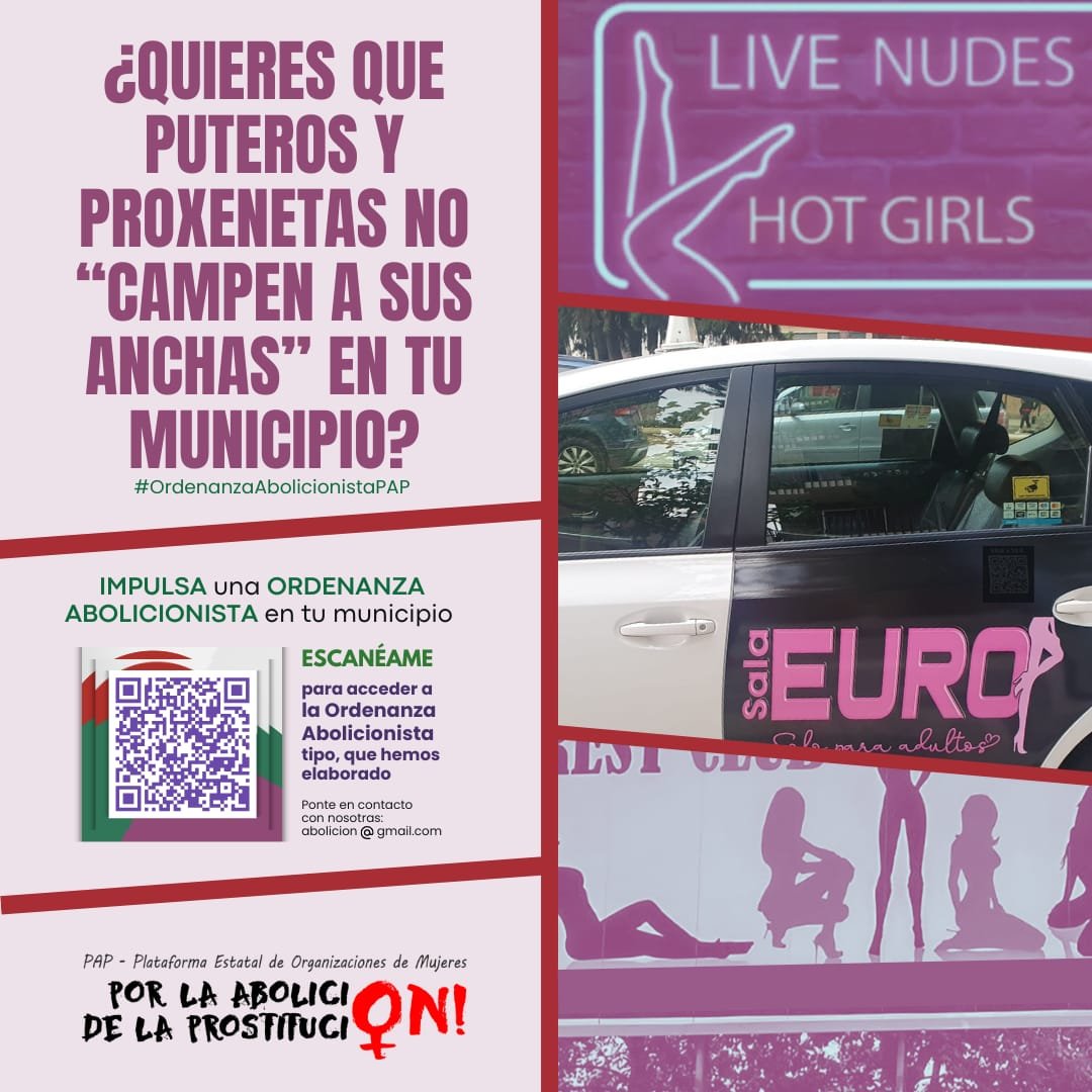 AndereakDurango's tweet image. Prostituzioa EZ da "sexu-lana", trukagarriak diren eta gizatasunik ez duten emakumeen sexu-esplotazioa baizik
❗ BULTZATU ordenantza abolizionista bat zure udalerrian❗Eskaneatu @Abolicion_Prost proiektua eta #LOASP irakurtzeko prostituzio sistemaren morrontzarekin amaitzeko