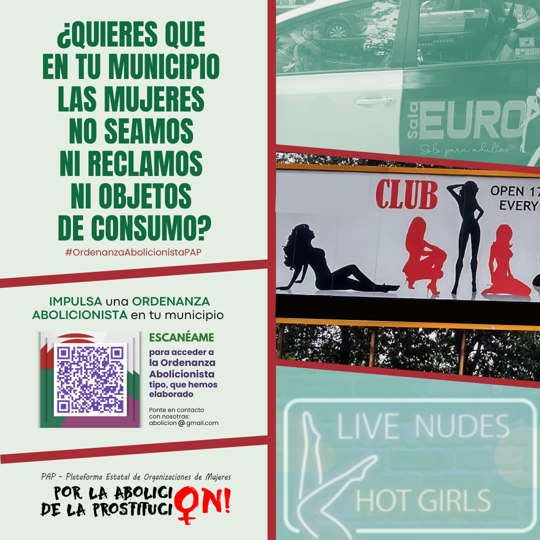 AndereakDurango's tweet image. La prostitución NO es"trabajo sexual"sino explotación sexual de mujeres intercambiables y deshumanizadas 
❗ IMPULSA una ordenanza abolicionista en tu municipio❗Escanea para leer el proyecto @Abolicion_Prost y la #LOASP para terminar con la esclavitud del sistema prostitucional