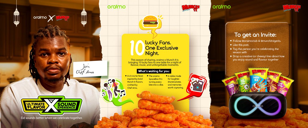 Good vibes start with two things
The snacks you crave
And the beats that make you move

Now tell us…

Who are you sharing that moment with?

Follow <a href="/oraimomate/">oraimomate</a> and <a href="/munchit/">Munch</a> to enter. Only a few will win a night with Chef Ama, good music, food, and all the vibes.

Add