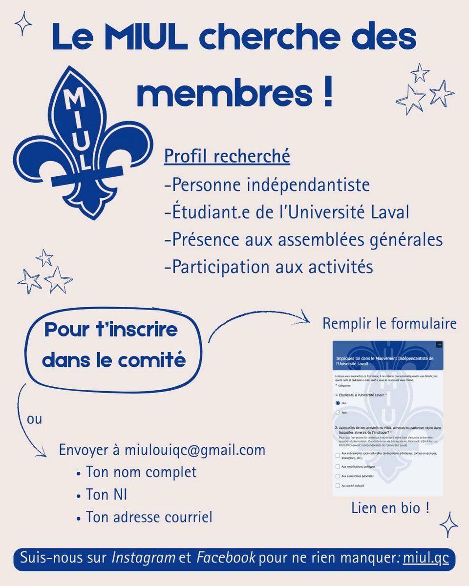 PaysQuebec's tweet photo. Tu souhaites t’impliquer dans le mouvement ⚜️indépendantiste? Tu es étudiant.e à l’#UniversitéLaval ?
Joins-toi au #MIUL!
➡️ https://t.co/CV5XdRMnXz
#ULaval #jeunes #indépendance #VilledeQuébec #Québec #PaysQc https://t.co/lg1a629bwG