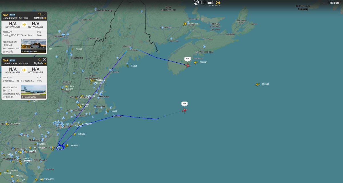 AUX_OSINT's tweet photo. Similar rotation as the other day, 2x KC-135T likely moving an additional 3x EA-18G from Norfolk to LPLA before heading to the Middle East.

#AE0650 - 58-0049
#AE07A6 - 59-1474 https://t.co/jPGN793NnF