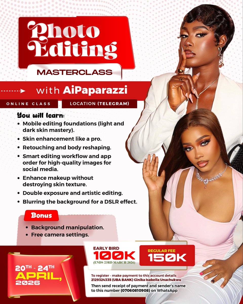 2p_graphix's tweet photo. Recently delivered this flyer design for a Photo Editing Masterclass — clean, bold, and designed to grab attention.

Need a flyer that communicates your event, brand, or class clearly and beautifully?

I’m available to handle your next design project. Send a DM. https://t.co/u44YU8sawo
