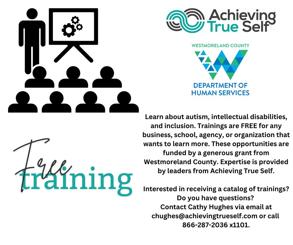 AtsAutism's tweet photo. FREE training opportunity 🚨 -- thanks to Westmoreland County DHS! 🙌
For: schools, businesses, 1st responders &amp; more.
📩 chughes@achievingtrueself.com
📞 866-287-2036 x1101
Not local? Let’s talk about your community 👀
#WestmorelandCounty #InclusionMatters #AutismAwareness https://t.co/heFkS3HgFz