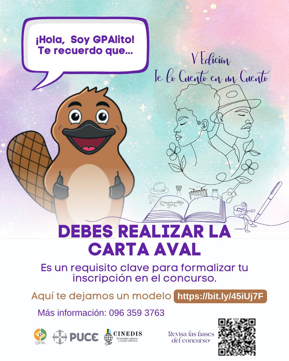 Si vas a participar en la V Edición de “Te lo Cuento en un Cuento”, no olvides gestionar tu Carta Aval institucional.

📄 Este documento es un requisito clave para formalizar tu inscripción en el concurso.
🔗 Aquí te dejamos el modelo:
👉 bit.ly/45iUj7F

#VEdición