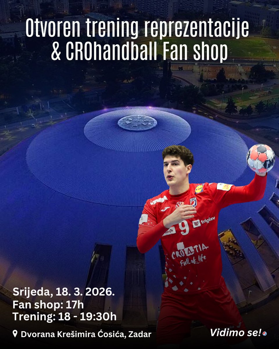 😎 𝗢𝘁𝘃𝗮𝗿𝗮𝗺𝗼 𝘃𝗿𝗮𝘁𝗮 𝘁𝗿𝗲𝗻𝗶𝗻𝗴𝗮 𝘂 𝗭𝗮𝗱𝗿𝘂 🤩🔛

📍Dvorana Krešimira Ćosića
🗓️ Srijeda, 18. 3.
⏰ 18 - 19:30h

🔔 #CROhandball Fan shop od 17 sati 👉🏼 Dresovi reprezentativaca, šalovi, Foxy maskote i još rukometnih suvenira 🙋🏻‍♂️

Čekamo vas! ❤️

#crohandball