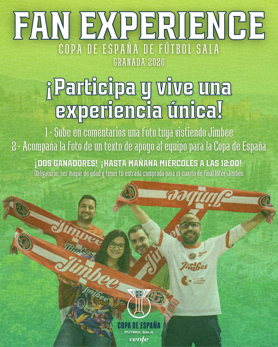 JimbeeCartagena's tweet photo. 🤩❤️🤍 ¡Participa y vive una 𝗙𝗮𝗻 𝗘𝘅𝗽𝗲𝗿𝗶𝗲𝗻𝗰𝗲 increíble en la #CopaDeEspañaRenfe! 🏆🇪🇸

1 - Responde con una foto con tu ropa Jimbee
2 - Acompáñala de un texto de apoyo

🚨 ¡Hasta mañana a las 12:00!

¡2️⃣ ganadores!

⚠️ Mayor de edad y tener la entrada comprada https://t.co/tnRGzEKplT