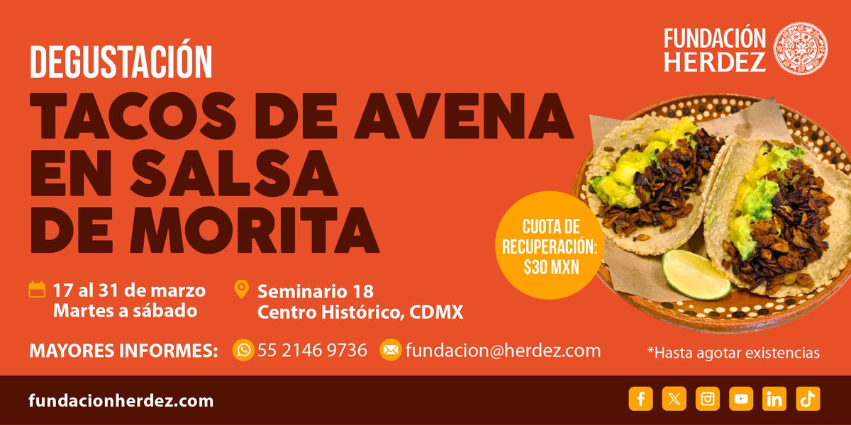¡No te pierdas nuestra deliciosa Degustación!
Tacos de Avena en Salsa de Morita que tenemos para ti. Una opción diferente llena de sabor que no querrás dejar pasar.

martes a sábado
del 17 al 31 de marzo
Cuota de recuperación $30mxn
a partir de las 09:00h a las 15:30h