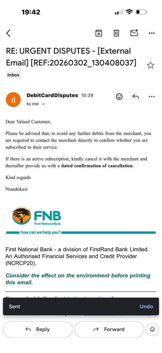 SavageExpressi's tweet photo. So just a note a fraudulent transactions goes off your account and you contact the company fill in a dispute form with @FNBSA go as far supporting documents showing the merchant not just apologising but informing you to contact your bank and this is the response I get!!? Im done https://t.co/UKE1wbRbIs