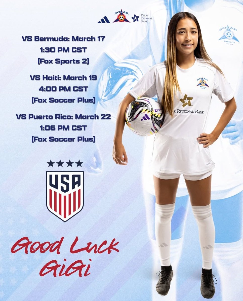 Solar09gECNL's tweet photo. The final round of @concacafw U17 World Cup Qualifying begins today and we're all in for @AguilarGiselle7 and the @usynt #U17WNT!  Check the matches out on @foxsoccer.  #SolarProud Gigi, Good Luck! 

#SolarNextLevel #SolarGold #WeAreSolar https://t.co/6QkrymykCY