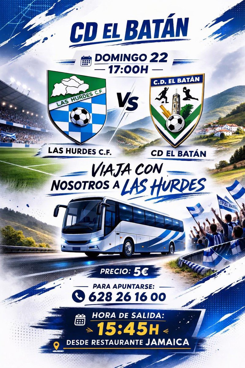 🚌 VIAJA CON NOSOTROS A LAS HURDES 🚌

Estamos llegando a la recta final de la liga y cada Domingo habrá una batalla nueva con tres puntos muy valiosos en juego, por eso, os necesitamos más que nunca.

Vuestro apoyo será clave para empujar al equipo hacia la victoria.
