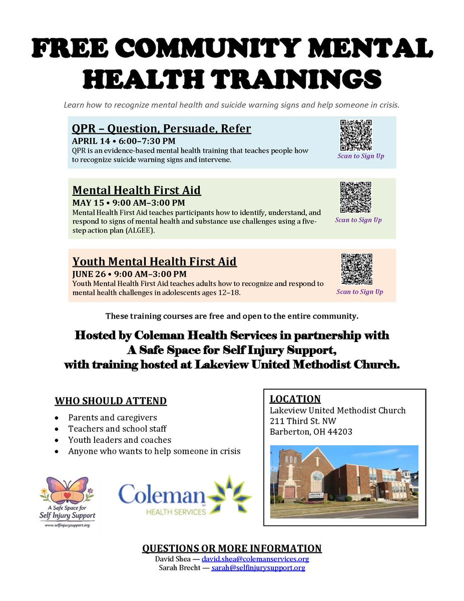 LevelUpOHTP's tweet photo. Looking to better support those around you? These free trainings will help you learn how to recognize mental health and suicide warning signs and respond to someone in crisis.

📍 Lakeview United Methodist Church 
📲 Scan QR codes to sign up.

 Let's build a supportive community! https://t.co/knIoSdmONG