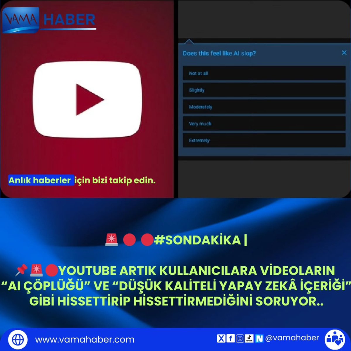 YouTube artık kullanıcılara videoların “AI çöplüğü” ve “düşük kaliteli yapay zekâ içeriği” gibi hissettirip hissettirmediğini soruyor. #vamahaber #youtube #ai #yapayzeka