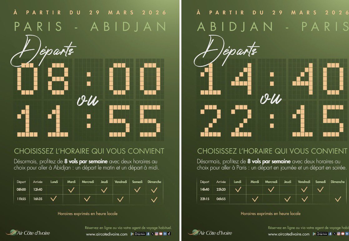 Gate7aviation's tweet image. Plus de choix entre Abidjan et Paris avec Air Cote d’Ivoire 
✅ Au départ d’Abidjan des vols en journée et en soirée 
✅Au départ de Paris des départs en matinée et à midi 
✅ Jusqu’à 8 vols par semaine ✈️ #AirCoteIvoire #Abidjan #CDG