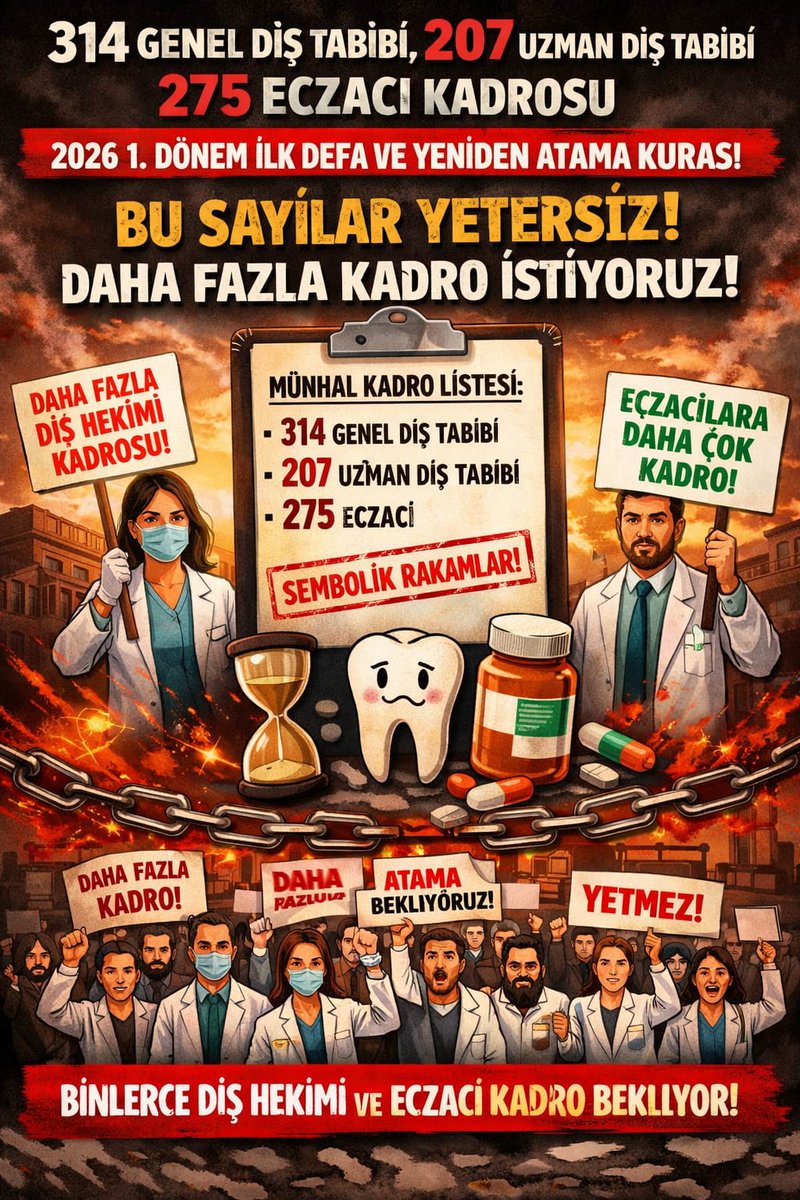 seydatrr's tweet photo. 2026 1. Dönem atamasında açılan 314 diş tabibi kadrosu binlerce mezun için hayal kırıklığıdır. Bu komik rakamlar revize edilmeli! #MemişoğluKadroYetersizDişEczaİşsiz @suayipbirinci @erolozvar @YuksekogretimK @drmemisoglu @profokumus_ @RTErdogan @dryasinerkoc @saglikbakanligi https://t.co/YalgRjKx9H