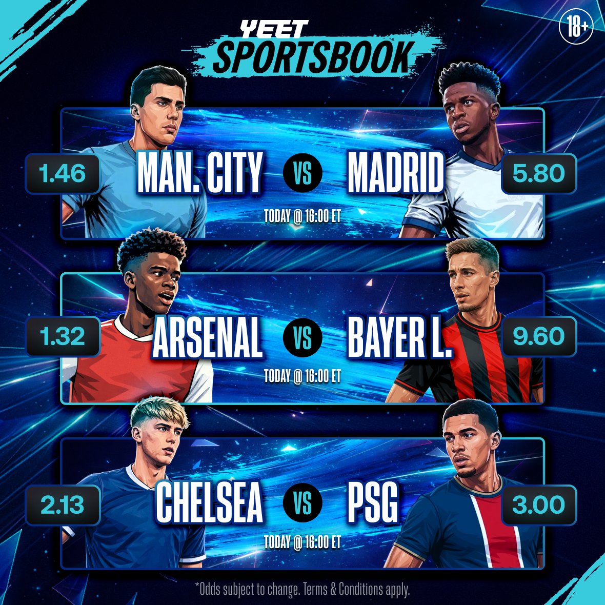 Champions League night looking good!    

Which match will deliver the most amount of goals?    

- Follow our IG: instagram.com/yeetcasino
- Reply with your answer + YEET username
- Follow <a href="/yeet/">YEET</a>, like &amp; repost  

$15 for 10 random correct answers!

Don't forget to place your