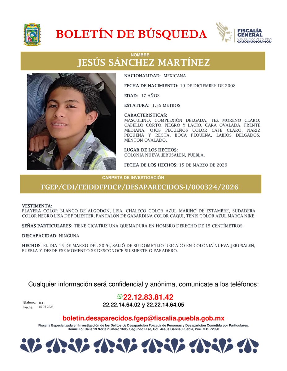 #ServicioSocial || Solicitamos su ayuda para localizar a Jesús Sánchez Martínez, de 17 años de edad. 

Fue visto por última vez en la col. Nueva Jerusalén. 

#Puebla