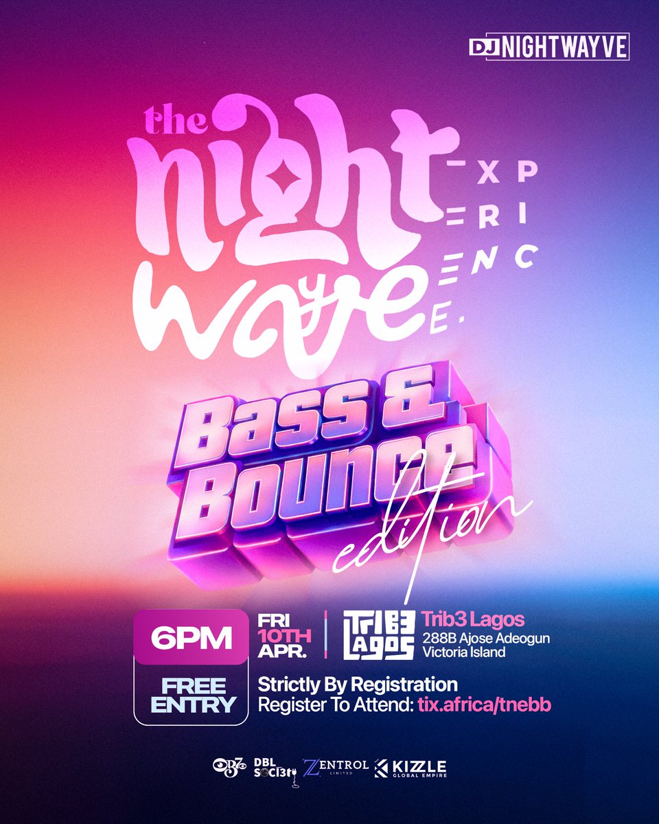 DjNightwayve's tweet photo. The Night Wayve Experience returns this April… and this time it’s all about Bass &amp; Bounce 💃🕺 

🗓️ Date: Friday, April 10th
📍 Venue: Trib3 Lagos, Victoria Island
🕖 Time: 6:00 PM – 3:00 AM

🎟️ Register to attend: https://t.co/9KhMATko8n

See you there 🫵🏼 https://t.co/s29mN0baZm