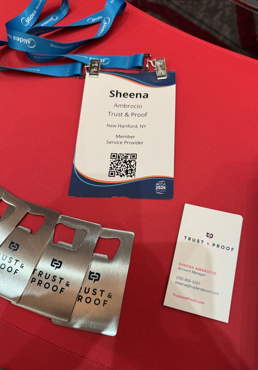 trustandproof's tweet photo. This week, we're excited to be at ACCA 2026, the premier annual business and networking event for HVACR contractors and industry professionals, unveiling our new brand and meeting with fellow colleagues and innovators. Come see Matt, Dan, Geoff, and Sheena at Booth No. 502! https://t.co/l6YGHx2XIS